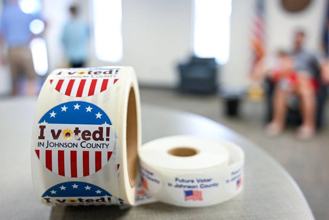 ‘ I Voted’ stickers were available after voters cast their ballots on Thursday, July 28, 2022 at the Johnson County Election Office in Olathe.