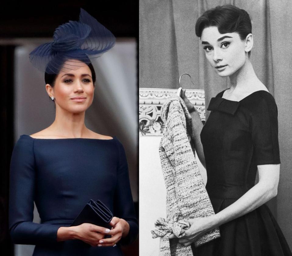 <p>Meghan is the <a rel="nofollow noopener" href="https://www.elle.com/fashion/celebrity-style/a22101436/meghan-markles-royal-air-force-lbd-audrey-hepburn-sabrina/" target="_blank" data-ylk="slk:spitting image of Audrey Hepburn;elm:context_link;itc:0;sec:content-canvas" class="link ">spitting image of Audrey Hepburn </a>in this Dior gown, which she <a rel="nofollow noopener" href="https://www.elle.com/uk/fashion/celebrity-style/a22099625/meghan-markle-black-givenchy-dress-raf-centenary-service/" target="_blank" data-ylk="slk:wore to the Royal Air Force's 100th anniversary celebration;elm:context_link;itc:0;sec:content-canvas" class="link ">wore to the Royal Air Force's 100th anniversary celebration</a>. Here, Meghan and Audrey are comparable in black fit-and-flare gowns with boatnecks - which are also referred to as "Sabrina" necklines in honor of Audrey's 1954 film of the same name - and bow details.</p>