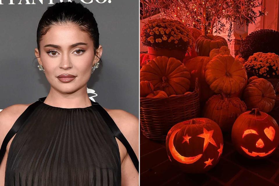 <p>Rodin Eckenroth/Getty, Kylie Jenner/Instagram</p> Kylie Jenner carved a moon and stars into one of her pumpkins.