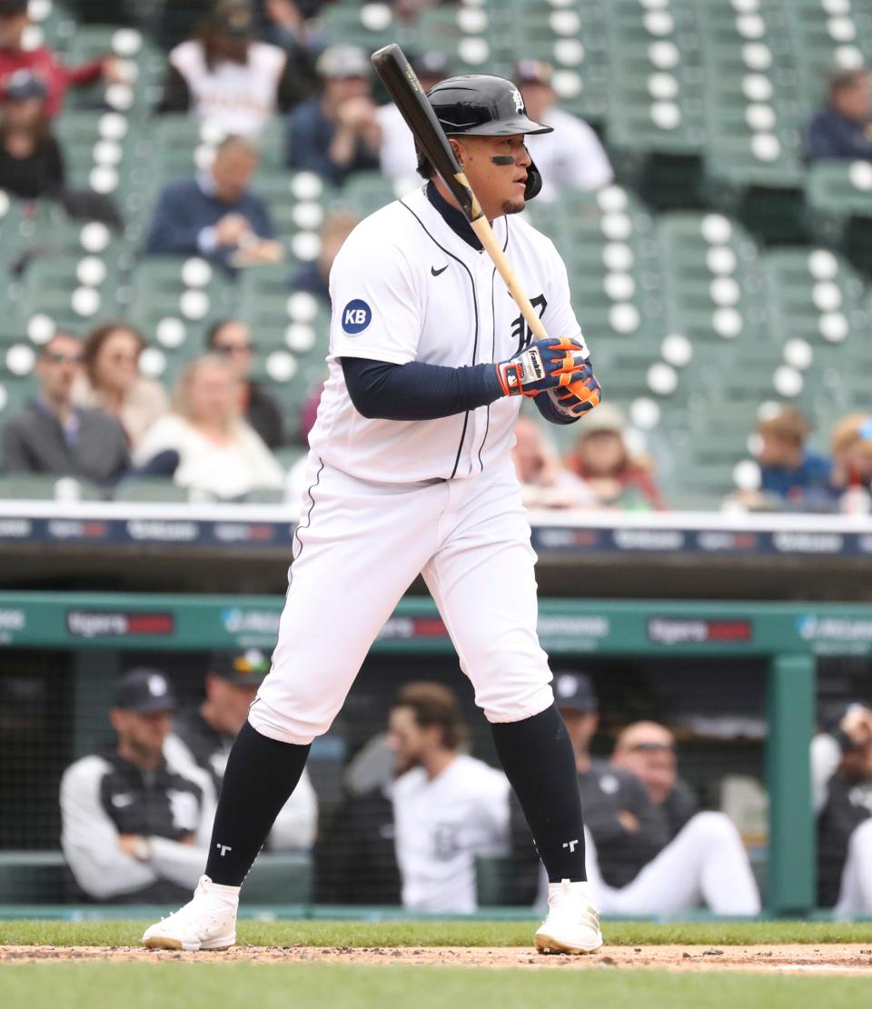 Detroit Tigers DH Miguel Cabrera bats against the Pittsburgh Pirates during the first inning Wednesday, May 4, 2022 at Comerica Park.