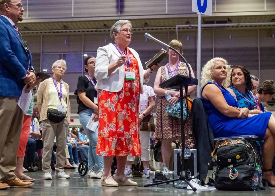 Linda Barnes Popham speaking at the Southern Baptist Convention at the New Orleans Ernest N Morial Convention Center. Tuesday, June 13, 2023.