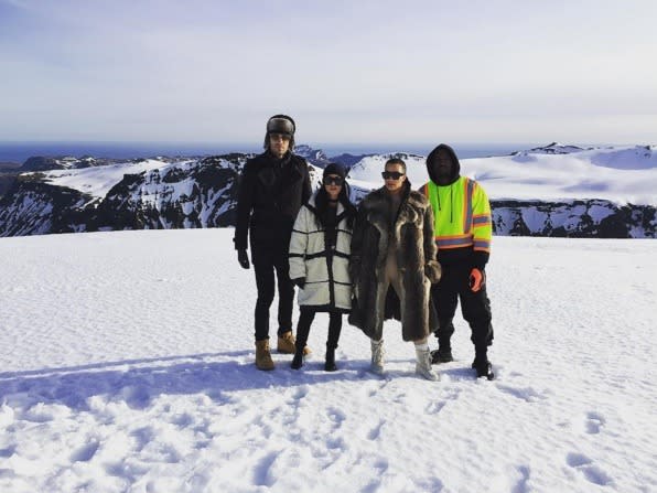 Best. Caption. Ever. “Chillin’ on a glacier. Literally,” Kourtney captioned a photo of her with friend Simon Huck and Kimye.   