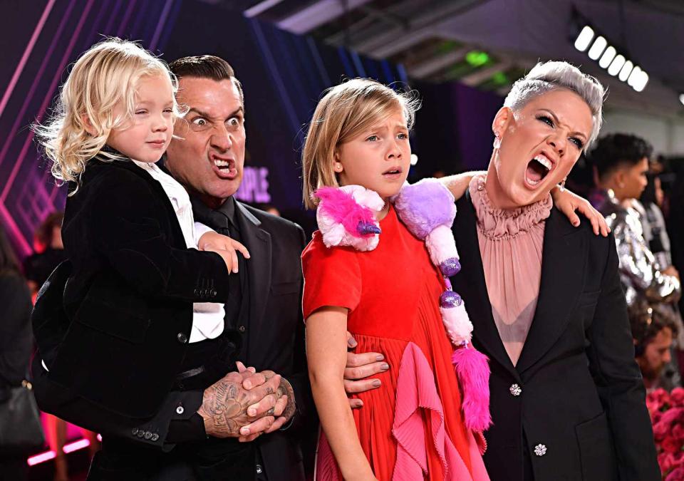 Jameson Hart, Carey Hart, Willow Sage Hart and Pink arrive to the 2019 E! People's Choice Awards held at the Barker Hangar on November 10, 2019