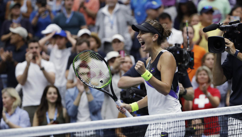 Belinda Bencic, of Switzerland, reacts after defeating Naomi Osaka, of Japan, 7-5, 6-4 during the fourth round of the US Open tennis championships Monday, Sept. 2, 2019, in New York. (AP Photo/Frank Franklin II)