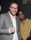 Seth Rogen and Aziz Ansari may be starring in a flick about panicking over the apocalypse, but in real life the two funny men looked perfectly relaxed and happy when they hit the Svedka-sponsored after-party of the screening of their movie, "This Is the End," at The Jazz Room at The General in New York on Monday. (6/10/2013)