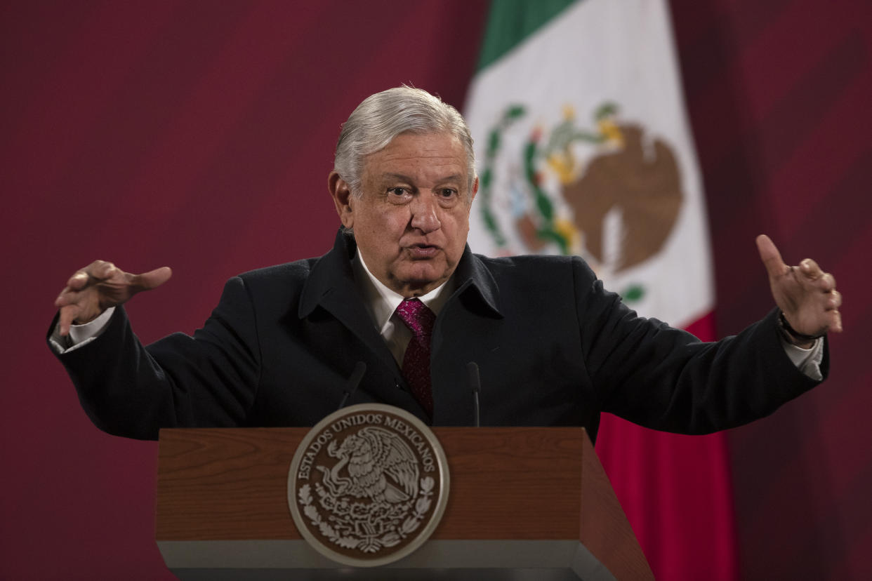 FILE - In this Dec. 18, 2020 file photo, Mexican President Andres Manuel Lopez Obrador gives his daily, morning news conference at the presidential palace, Palacio Nacional, in Mexico City. Lopez Obrador vowed Thursday, Jan. 14, 2021 to lead an international effort to combat what he considers censorship by social media companies that have blocked or suspended the accounts of U.S. President Donald Trump. (AP Photo/Marco Ugarte, File)