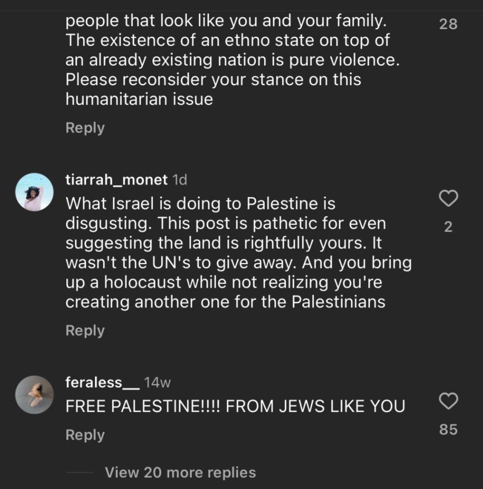 One user commented on Lahav’s post about her family immigrating to Israel: “This post is pathetic for even suggesting the land is rightfully yours.”