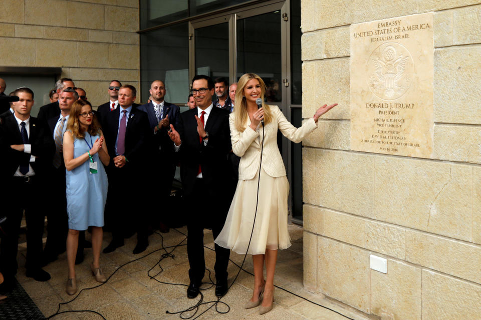 Ivanka Trump and Treasury Secretary Steven Mnuchin stand next to the dedication plaque at the new U.S. Embassy in Jerusalem, May 14, 2018. (Photo: Ronen Zvulun/Reuters)