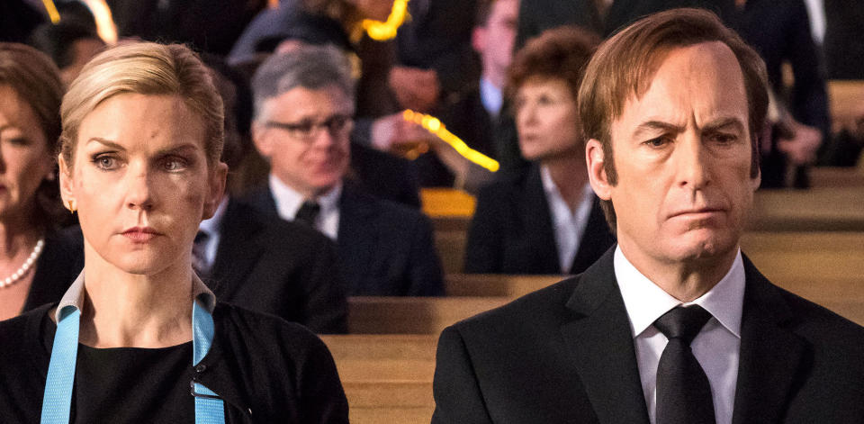 Kim Wexler and Jimmy McGill attend Chuck McGill's funeral in Season 4 of "Better Call Saul." (Photo: AMC)