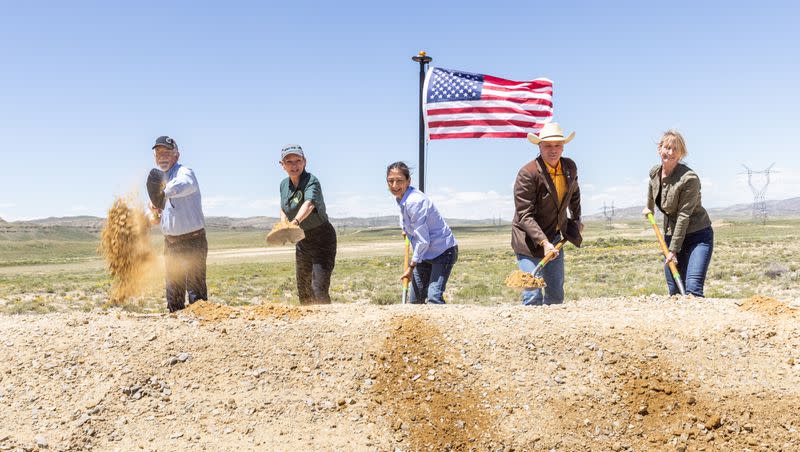 The TWE Project’s ceremonial groundbreaking on June 20, 2023, included, from left, TransWest CEO Bill Miller, Energy Secretary Jennifer Granholm, Interior Secretary Deb Haaland, Wyoming Gov. Mark Gordon, and TransWest COO Roxane Perruso.