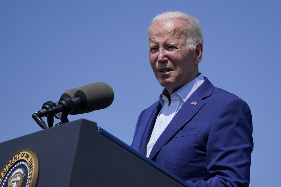 President Joe Biden speaks about climate change and clean energy at Brayton Power Station, Wednesday, July 20, 2022, in Somerset, Mass. (AP Photo/Evan Vucci)