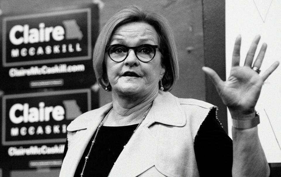 Sen. Claire McCaskill, D-Mo., speaks to supporters at the opening of her campaign field office in Ferguson, Mo., in May. (Digitally altered photo: Bill Boyce/AP)