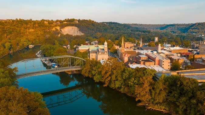 The Kentucky River meanders along framing the downtown urban core of Frankfort KY.