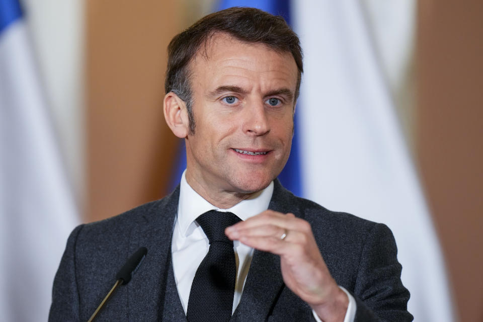 French President Emmanuel Macron speaks during a joint statement with Czech Republic's Prime Minister Petr Fiala in Prague, Czech Republic, Tuesday, March 5, 2024. Macron is on a one-day official visit to Czech Republic. (AP Photo/Petr David Josek)