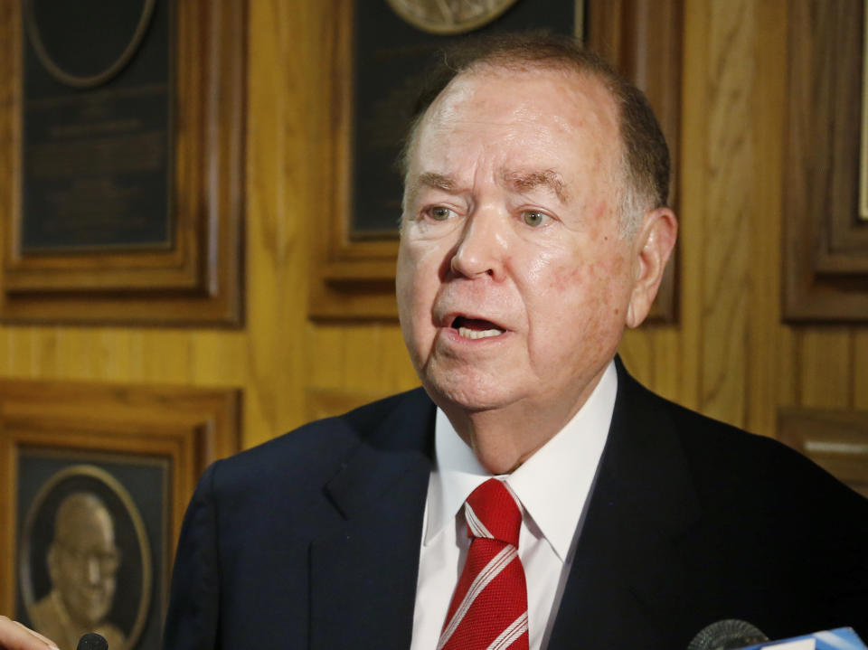 FILE - In this March 10, 2015 file photo, University of Oklahoma President David Boren talks with the media before the start of a Board of Regents meeting in Oklahoma City. The attorney for Boren says Boren has met with investigators looking into allegations he sexually harassed male subordinates. Attorney Clark Brewster told The Oklahoman that Boren met Friday, April 5, 2019 with investigators and answered all of their questions, but Brewster declined to discuss specific questions. (AP Photo/Sue Ogrocki, File)