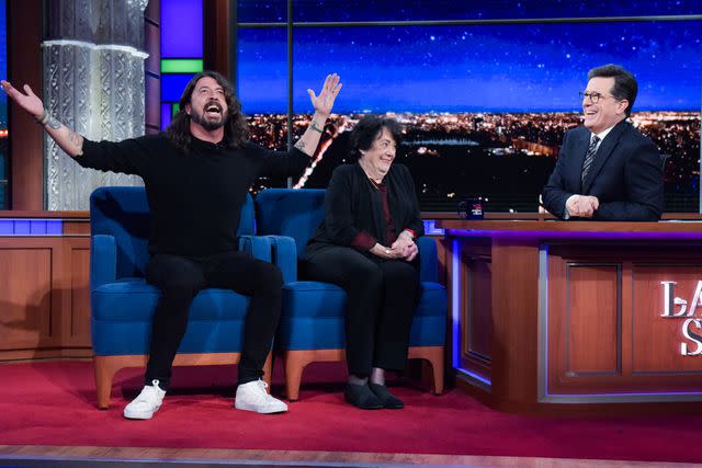 <p>Scott Kowalchyk/CBS/Getty</p> Dave and Virginia Grohl on 'The Late Show with Stephen Colbert' on April 26, 2020.