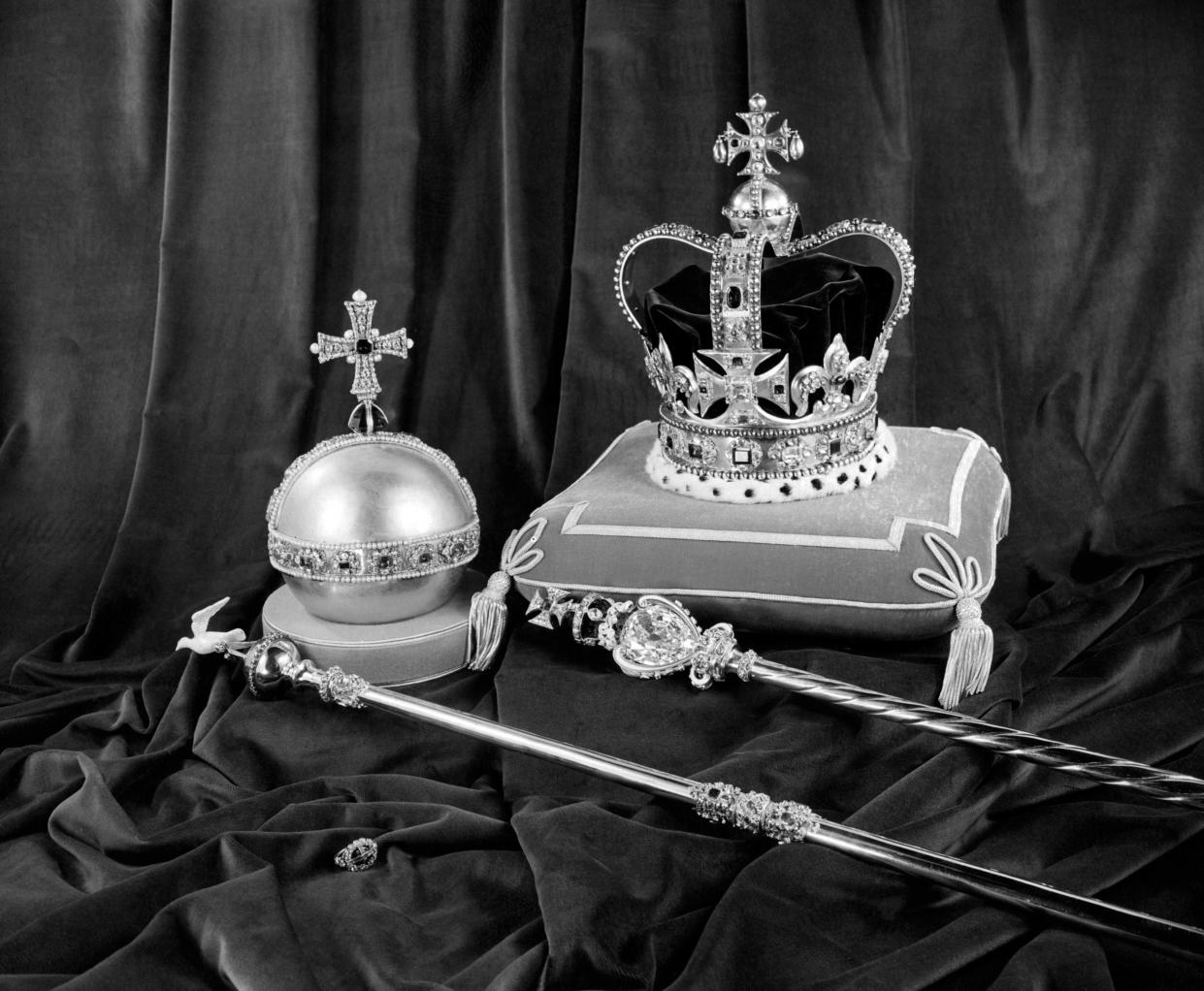 St Edward's Crown, The Orb, the Sceptre with Cross, the Sceptre with Dove and the Sovereign's Ring. (Royal Collection Trust/PA)