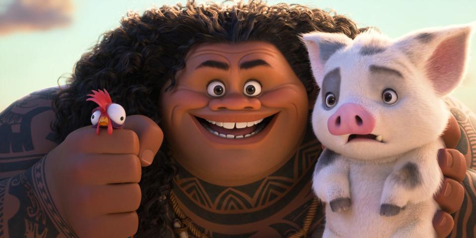 dwayne johnson voices maui, holding hei hei and pua, moana 2