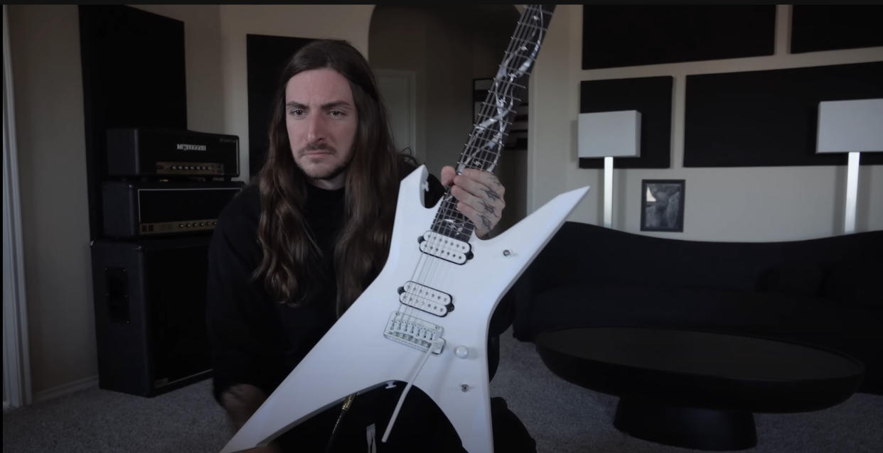  Scott LePage teases new Ibanez signature model, an all-white custom Xyphos 7-string electric guitar. 