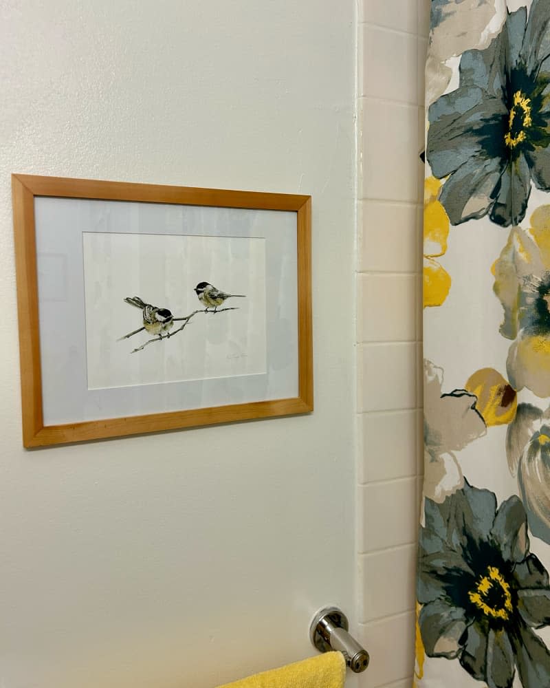 Bird themed art print hanging on bathroom wall.