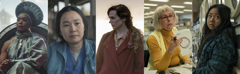 This combination of images shows Oscar nominees for best supporting actress, from left, Angela Bassett in "Black Panther: Wakanda Forever," Hong Chau in "The Whale," Kerry Condon in "The Banshees of Inisherin," Jamie Lee Curtis in "Everything Everywhere All at Once," and Stephanie Hsu in "Everything Everywhere All at Once." (Disney/A24/Searchlight/A24/A24 via AP)
