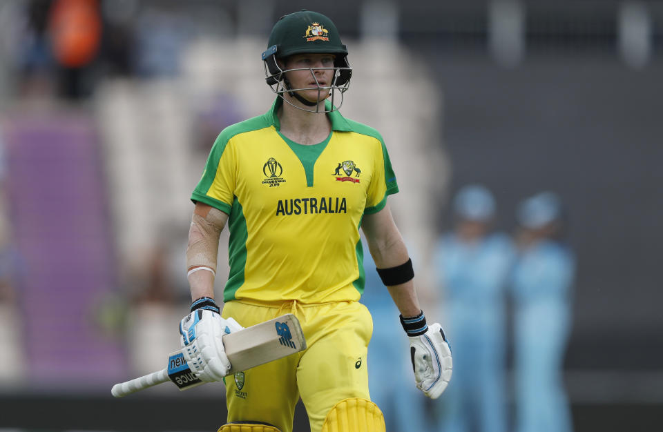 Australia's Steve Smith walks off the pitch after being given out caught and bowled by England's Tom Curran during the Cricket World Cup warm up match between England and Australia at the Rose Bowl in Southampton, England, Saturday, May 25, 2019. (AP Photo/Alastair Grant)