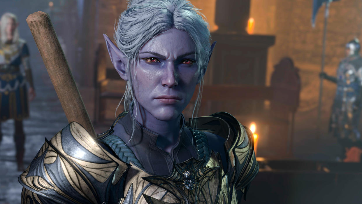  Baldur's Gate 3 — A close-up screenshot of a Drow character in Baldur's Gate 3. 