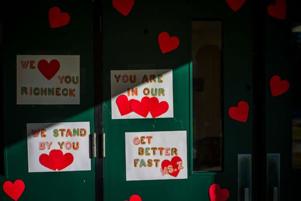 PHOTO: Messages of support for teacher Abby Zwerner, who was shot by a 6 year old student, grace the front door of Richneck Elementary School, Jan. 9, 2023, in Newport News, Va. (John C. Clark/AP)