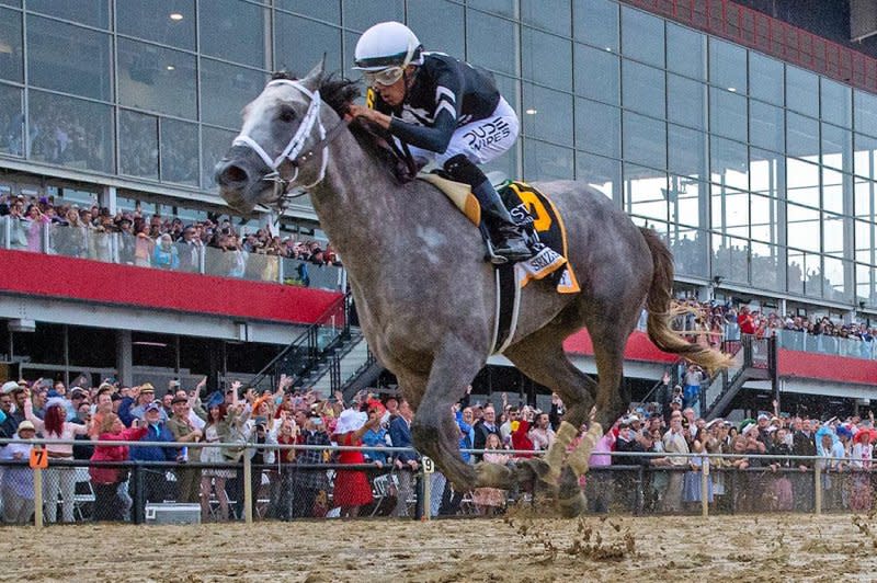 Seize The Grey beats out Mystik Dan for the Preakness Stakes victory on Saturday at Pimlico Race Course in Baltimore. Photo courtesy of Pimlico Race Course