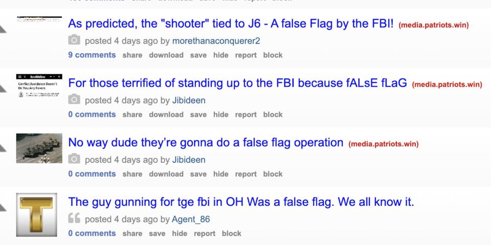 A screenshot from Reddit-style site Patriots.win, where four posts variously claim that Shiffer's attack on the BFI was a "false flag"