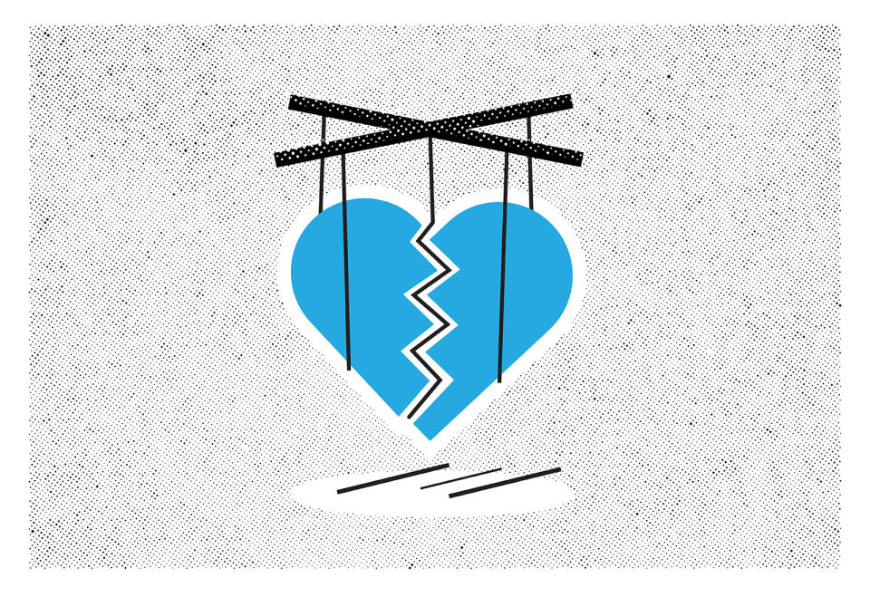 Illustration of a broken heart being puppeteered