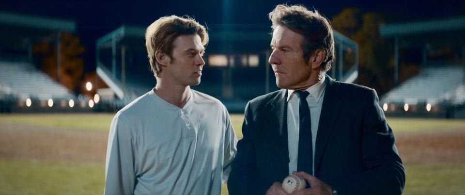 Colin Ford, left, stars as Rickey Hill and Dennis Quaid, right, as Pastor James Hill in "The Hill," a Briarcliff Entertainment release.