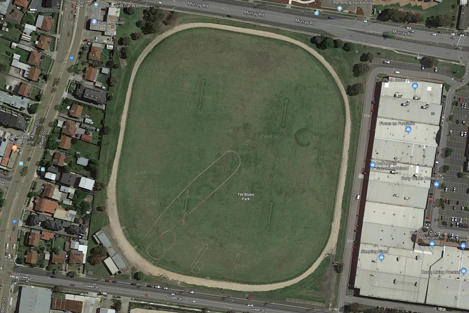 A Google Earth image captured on Wednesday, May 15, 2019, of TW Blake Park in Preston. Source: AAP 