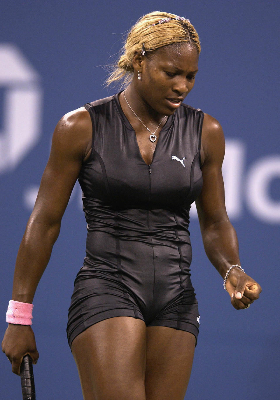 Walking&nbsp;back to the baseline while playing Corina Morariu during the U.S. Open on Aug. 26, 2002.&nbsp;