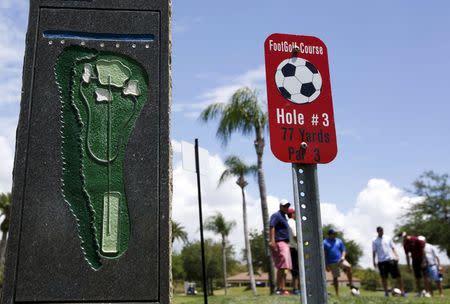 People stand at the FootGolf course at Largo Golf Course, which runs alongside the regular golf course, in Largo, Florida April 11, 2015. REUTERS/Scott Audette