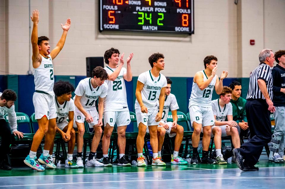 The Dartmouth bench celebrates the play on the court.