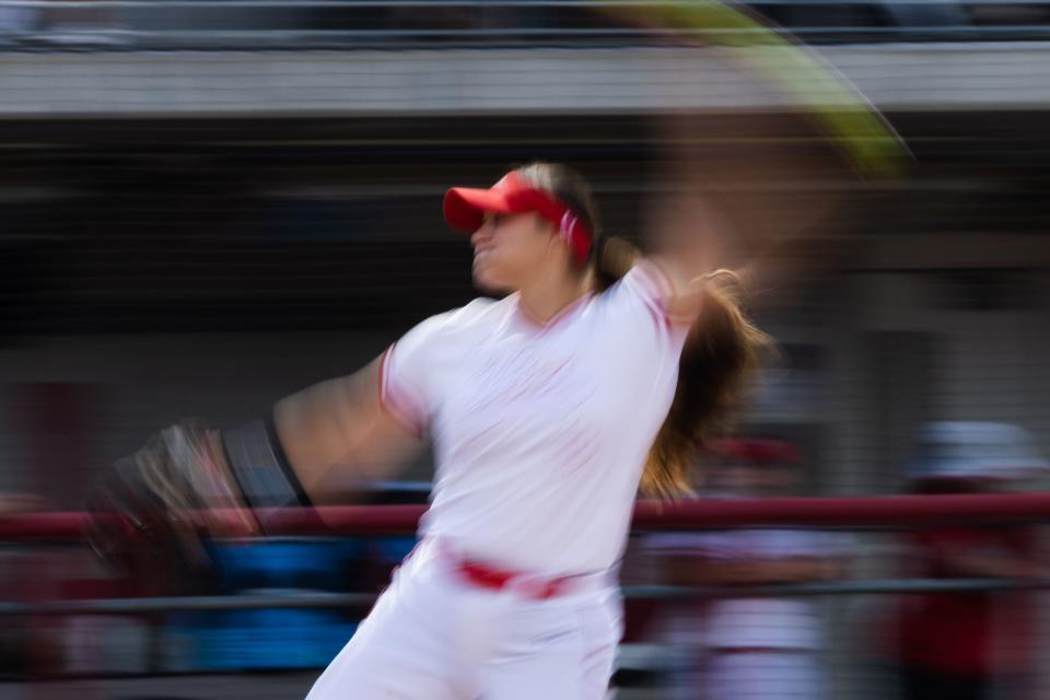Utah pitcher Mariah Lopez pitches the ball during the second game of the NCAA Super Regional between Utah and San Diego State at Dumke Family Softball Stadium in Salt Lake City on May 27, 2023. | Ryan Sun, Deseret News