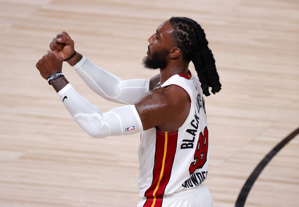 Miami's Jae Crowder celebrates a second straight win to open the Eastern Conference finals. (Kevin C. Cox/Getty Images)