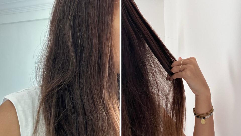 This writer tried Ouai's new Anti-Frizz Creme under Singapore's sweltering heat. L to R: Before and after application. (PHOTO: Reta Lee/Yahoo Life Singapore)