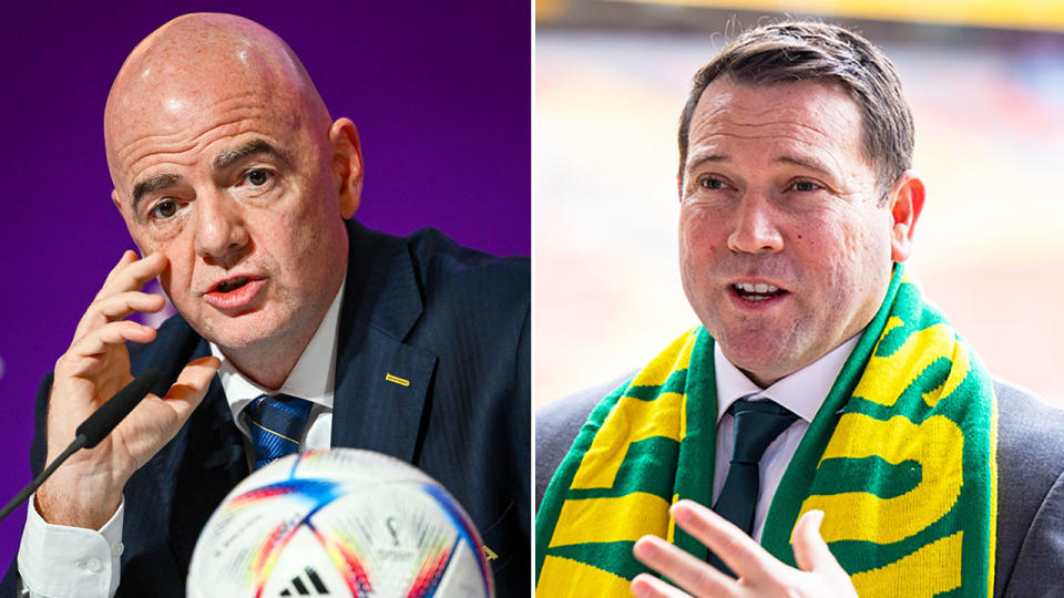 Football Australia&#39;s CEO James Johnson has stopped short of throwing his support behind embattled FIFA president Gianni Infantino (L). Pic: AAP