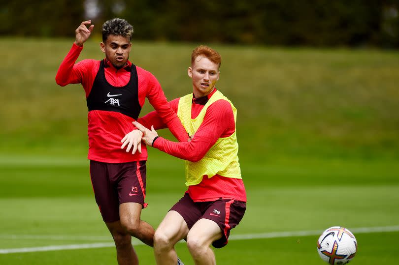 Luis Diaz and Sepp van den Berg of Liverpool during a pre-season training session at AXA Training Centre