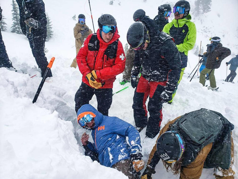Jason Parker is dug out of the snow from the avalanche at Palisades Tahoe on Jan. 10, 2024. (Courtesy Jason Parker)
