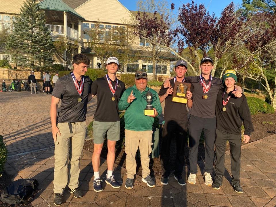 Brick Memorial golf team poses after winning the Ocean County Tournament title at LBI National in Little Egg Harbor. From left to right: Andrew Cranston; Declan Beelitz; coach Dave Shilanskas; Eric Sliazis; Josh Michigan; and Peter Tedrick.