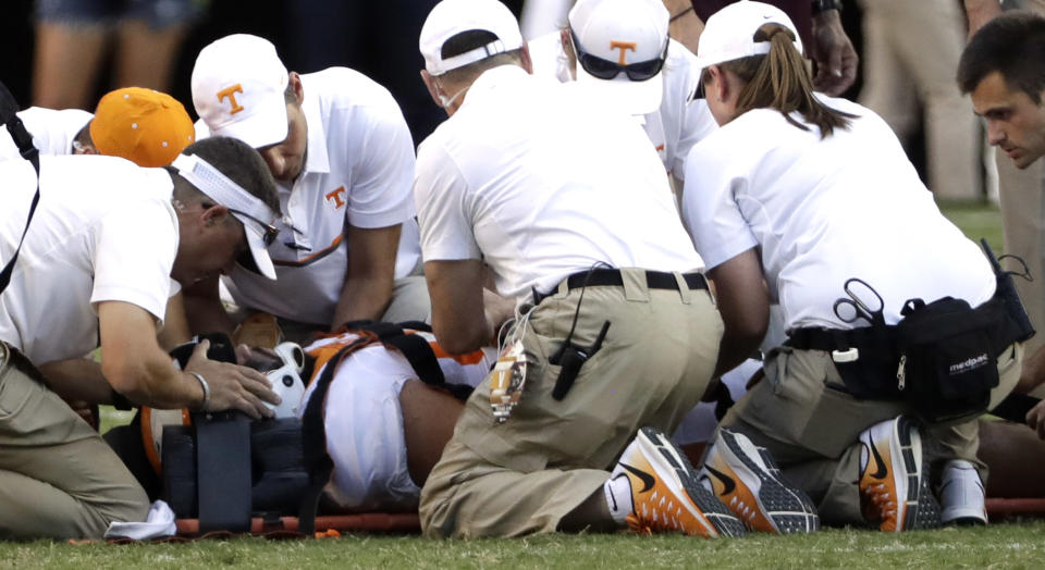 Tennessee defensive lineman Danny O'Brien was carted off the field Saturday. (AP Photo/David J. Phillip)