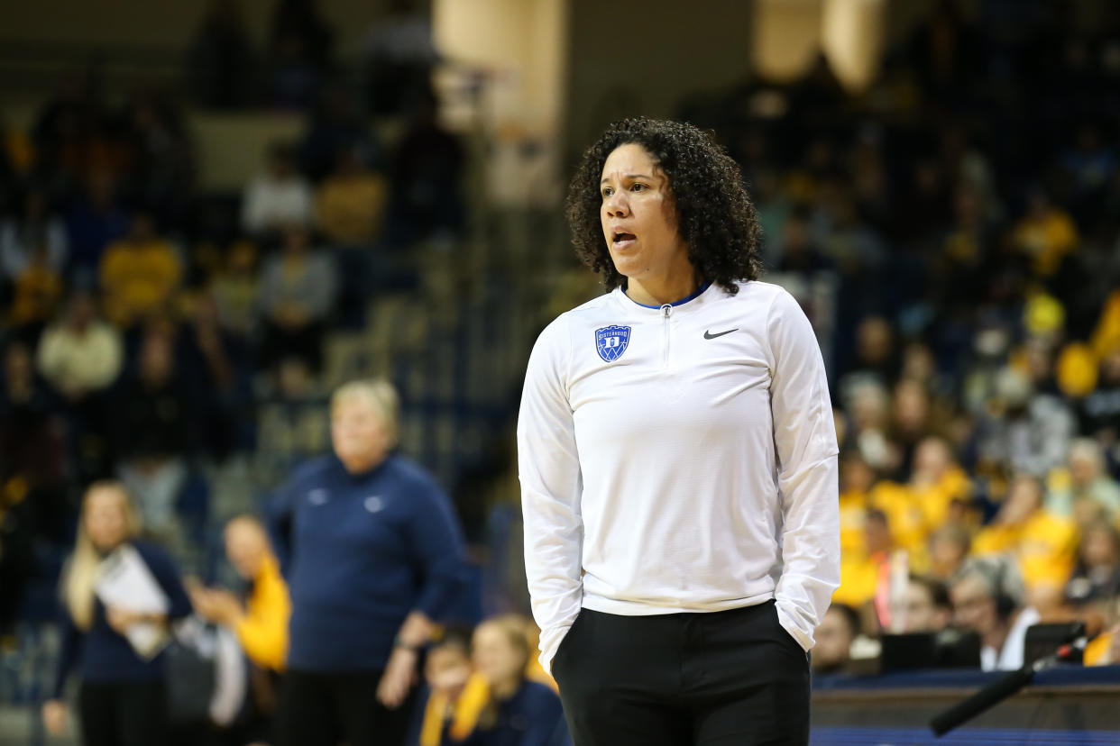 Duke coach Kara Lawson disputed the size of the basketball used in a game at Florida State. (Photo by Scott W. Grau/Icon Sportswire via Getty Images)