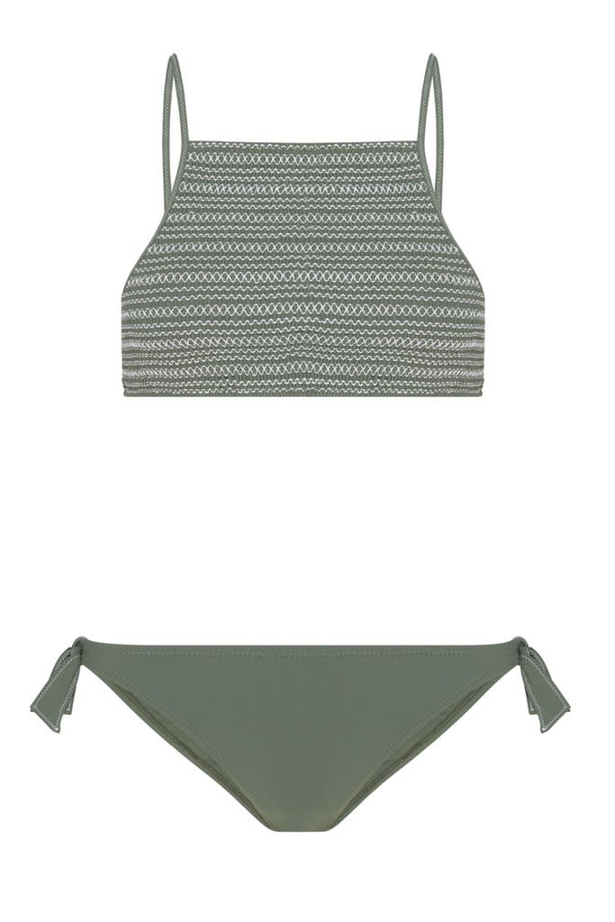 <a rel="nofollow noopener" href="https://kisuii.com/collections/all/products/terez-crop-top-bikini-in-khaki-white" target="_blank" data-ylk="slk:Terez Crop Top Bikini, Kisuii, $220;elm:context_link;itc:0;sec:content-canvas" class="link ">Terez Crop Top Bikini, Kisuii, $220</a>