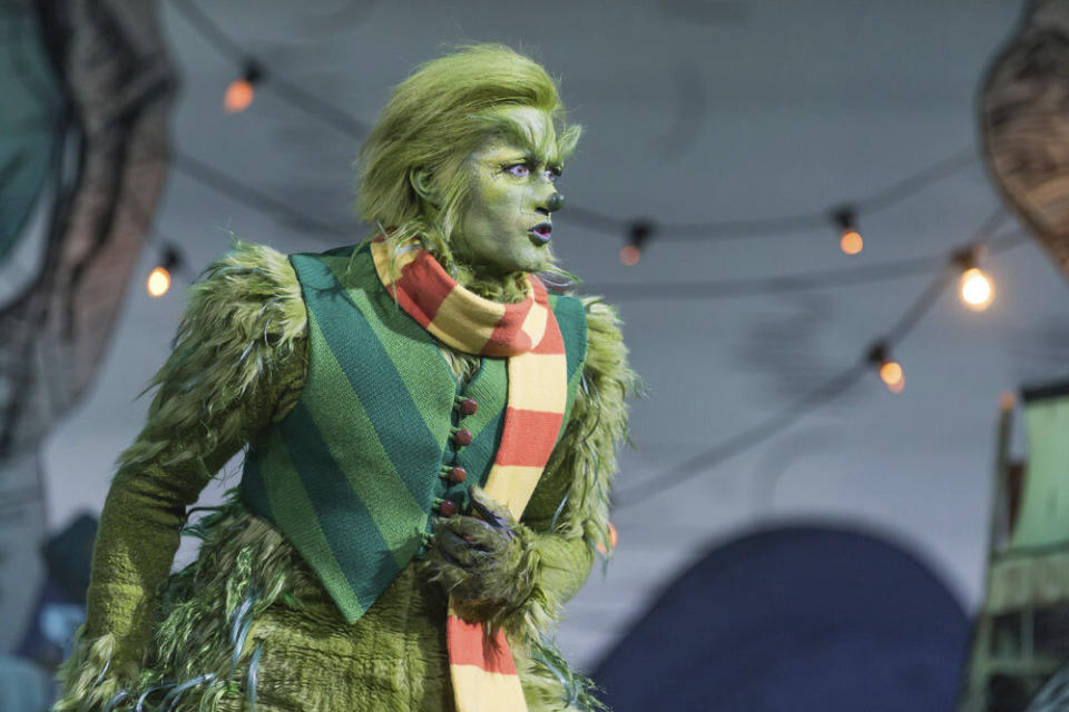 This image released by NBC shows Matthew Morrison as Grinch in a scene from "Dr. Suess' The Grinch Musical," airing Dec. 9 on NBC. (David Cotter/NBC via AP)