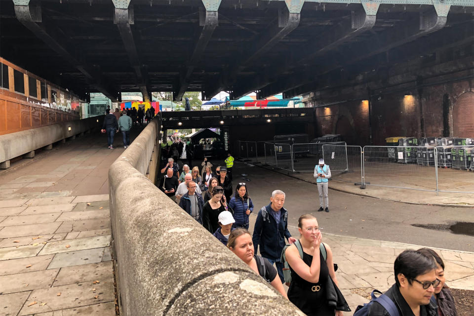 People join the queue in London on Sept. 15, 2022, for Queen Elizabeth II's Lying-in-State. (Patrick Smith / NBC News)