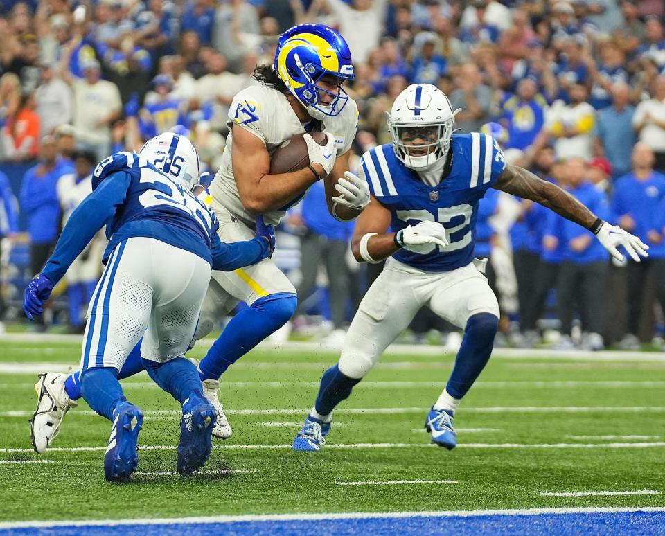 Los Angeles Rams wide receiver Puka Nacua (17) runs in the game-winning touchdown during overtime on Sunday, Oct. 1, 2023, at Lucas Oil Stadium in Indianapolis.