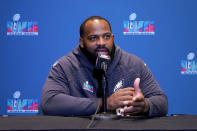 Philadelphia Eagles defensive tackle Fletcher Cox speaks during an NFL football Super Bowl team availability, Tuesday, Feb. 7, 2023, in Phoenix. The Eagles will face the Kansas City Chiefs in Super Bowl 57 Sunday. (AP Photo/Matt York)